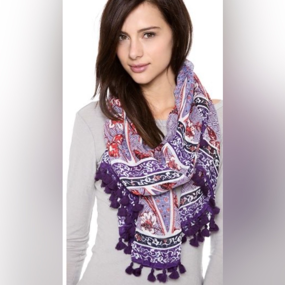 TORY BURCH Purple Floral Tassel Linen Blend Scarf